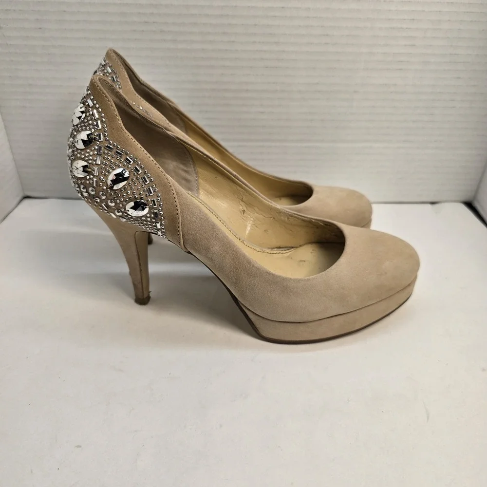 Gianni Bini Tan Suede Rhinestone Embellished Platform Pumps Heels Womens 7.5M